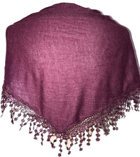 Load image into Gallery viewer, Pamper Yourself Now Purple Jersey lace Trimmed Triangle Scarf Soft Summer Fashion London Fashion Fab Gift