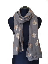 Load image into Gallery viewer, Pamper Yourself Now Grey with Gold Foiled Mulberry Tree Design Ladies Scarf/wrap. Great Present for Mum, Sister, Girlfriend or Wife.