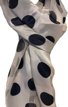 Load image into Gallery viewer, Pamper Yourself Now White with Navy Big spot Thin Pretty Scarf. Lovely with Any Outfit