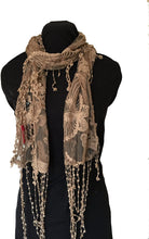 Load image into Gallery viewer, brown/beige thin lace butterfly design long scarf with tassels