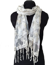 Load image into Gallery viewer, White with black flowers and embroidered white flowers with tassels