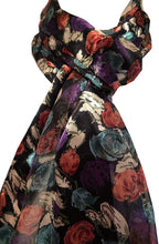 Load image into Gallery viewer, Pamper Yourself Now Black with Green, Purple and Pink Small Roses Scarf Shiny Thin Pretty Scarf