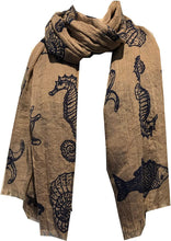Load image into Gallery viewer, Pamper Yourself Now Beige/Brown with Blue Shells, Star Fish, sea Horse and Fish Under The sea Long Scarf with Frayed Edge.