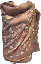 Load image into Gallery viewer, Pamper Yourself Now Pink with White Embroidered Flowers and Leaf Design Long Scarf/wrap with Frayed Edge