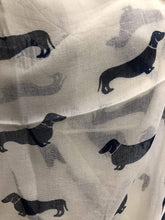 Load image into Gallery viewer, Pamper Yourself Now Sausage/dachshund dogs long Scarf, great present/gift for dog lovers. (Cream with Blue sausage dogs)