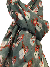 Load image into Gallery viewer, Green Snowman Design Ladies Scarf. Great Christmas Scarf/wrap Lovely Present.