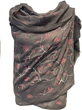 Load image into Gallery viewer, Pamper Yourself Now Grey with Pink Embroidered Flowers and Leaf Design Long Scarf/wrap with Frayed Edge