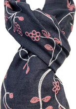 Load image into Gallery viewer, Blue with pink embroidered flowers and leaf design long Scarf/wrap with frayed edge