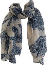 Load image into Gallery viewer, Pamper Yourself Now White with Blue Paisley Pattern Long Scarf, Soft Ladies Fashion London