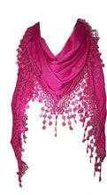 Load image into Gallery viewer, Pamper Yourself Now Deep Pink Jersey lace Trimmed Triangle Scarf Soft Summer Fashion London Fashion Fab Gift