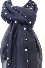 Load image into Gallery viewer, Pamper Yourself Now Navy with Beads and Pearls with Frayed Edge Long Soft Scarf/wrap