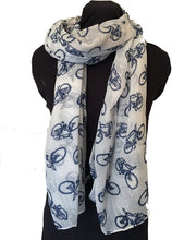 Load image into Gallery viewer, White with Blue Bike Bicycle Scarf Vintage Fashion Style, Lovely Soft Long Ladies Scarf/Wrap