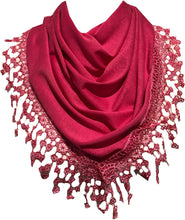 Load image into Gallery viewer, Pamper Yourself Now Deep Pink Jersey lace Trimmed Triangle Scarf Soft Summer Fashion London Fashion Fab Gift