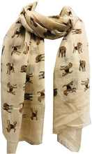 Load image into Gallery viewer, Pamper Yourself Now Beige with Brown/tan Beagles Long Scarf with Frayed Edge, Great Presents/Gift for Beagle Dog Lovers.