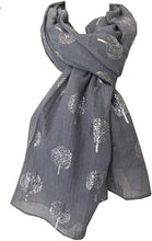 Load image into Gallery viewer, Pamper Yourself Now Light Grey with Silver Foiled Mulberry Tree Design Ladies Scarf/wrap. Great Present for Mum, Sister, Girlfriend or Wife.