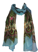 Load image into Gallery viewer, Pamper Yourself Now Blue with Bright Coloured Paisley Long Scarf, Soft Ladies Fashion London