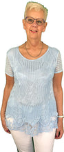 Load image into Gallery viewer, Pamper Yourself Now ltd Ladies Sky Blue Crochet Lace Short Sleeve top.Made in Italy (AA60)