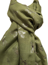 Load image into Gallery viewer, Pamper Yourself Now Olive Green with Silver Foiled Glitter Dragonfly Design Long Scarf/wrap