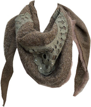 Load image into Gallery viewer, Pamper Yourself Now Tan Triangle Scarf with Fur Trim and Sequin.