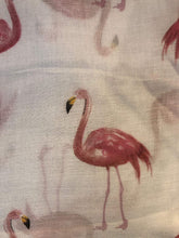 Load image into Gallery viewer, White with watercolour flamingo scarf with frayed edge long soft scarf