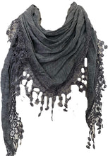 Load image into Gallery viewer, Pamper Yourself Now Light Grey Jersey lace Trimmed Triangle Scarf Soft Summer Fashion London Fashion Fab Gift