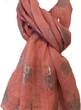 Load image into Gallery viewer, Pamper Yourself Now Peach with Silver Foiled Mulberry Tree Design Ladies Scarf/wrap. Great Present for Mum, Sister, Girlfriend or Wife.