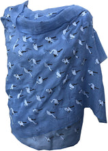 Load image into Gallery viewer, Pamper Yourself Now Blue with White Standing up Flamingo Long Scarf/wrap with Frayed Edge