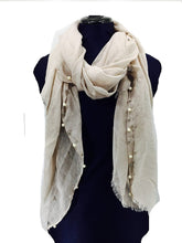 Load image into Gallery viewer, Pamper Yourself Now Beige with Beads and Pearls with Frayed Edge Long Soft Scarf/wrap