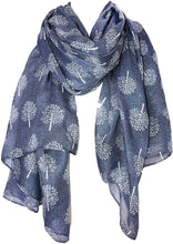Load image into Gallery viewer, Blue Scarf with a White Mulberry Tree Style Print Ladies Trees Wrap Denim Blue Colour Shawl
