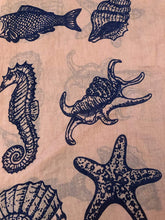 Load image into Gallery viewer, Pamper Yourself Now Pink with Blue Shells, Star Fish, sea Horse and Fish Under The sea Long Scarf with Frayed Edge.