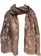 Load image into Gallery viewer, Pamper Yourself Now Pink with White Embroidered Flowers and Leaf Design Long Scarf/wrap with Frayed Edge