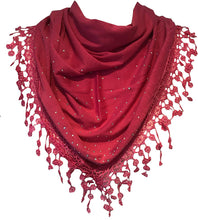 Load image into Gallery viewer, Pamper Yourself Now Fuchsia Pink Jersey with Sparkle and lace Trimmed Triangle Scarf Soft Summer Fashion London Fashion