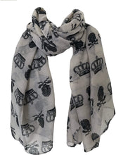 Load image into Gallery viewer, Pamper Yourself Now Beige with Black Skull and Crown Design Scarf/wrap