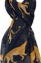 Load image into Gallery viewer, Navy cheetah long soft ladies scarf/wrap. Great present for mum, sister, girlfriend or wife.