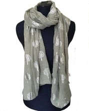 Load image into Gallery viewer, Pamper Yourself Now Light Grey with Silver Foiled Mulberry Tree Design Ladies Scarf/wrap. Great Present for Mum, Sister, Girlfriend or Wife.