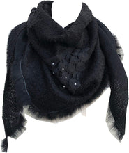 Load image into Gallery viewer, Pamper Yourself Now Black Triangle Scarf with Fur Trim and Sequin.