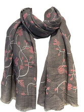 Load image into Gallery viewer, Pamper Yourself Now Grey with Pink Embroidered Flowers and Leaf Design Long Scarf/wrap with Frayed Edge