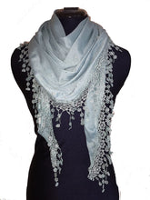 Load image into Gallery viewer, Light green Jersey with sparkle and lace trimmed triangle Scarf Soft Summer Fashion London Fashion Fab Gift