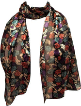 Load image into Gallery viewer, Pamper Yourself Now Black with Green, Purple and Pink Small Roses Scarf Shiny Thin Pretty Scarf