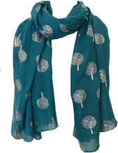 Load image into Gallery viewer, Pamper Yourself Now Teal with Silver Foiled Mulberry Tree Design Ladies Scarf/wrap. Great Present for Mum, Sister, Girlfriend or Wife.
