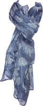 Load image into Gallery viewer, Blue Scarf with a White Mulberry Tree Style Print Ladies Trees Wrap Denim Blue Colour Shawl