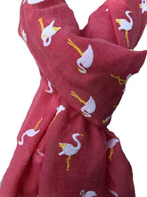 Load image into Gallery viewer, Pamper Yourself Now Coral with White Standing up Flamingo Long Scarf/wrap with Frayed Edge
