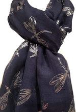 Load image into Gallery viewer, Pamper Yourself Now Navy with Silver Foiled Glitter Dragonfly Design Long Scarf/wrap