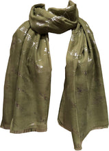 Load image into Gallery viewer, Pamper Yourself Now Olive Green with Silver Foiled Glitter Dragonfly Design Long Scarf/wrap