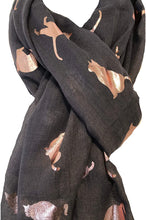 Load image into Gallery viewer, Dark grey with gold foiled cats long soft scarf