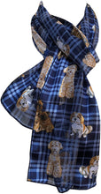 Load image into Gallery viewer, Pamper Yourself Now Blue Tartan Shiny Dog Scarf with Different Dog Breeds Thin Long Scarf