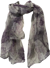 Load image into Gallery viewer, Pamper Yourself Now Light Grey with Cream/Purple Big Roses Design Scarf