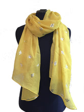 Load image into Gallery viewer, Pamper Yourself Now Yellow with Silver Bumble Bees Long Scarf. Great Present/Gift for bee Lovers.