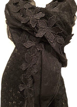 Load image into Gallery viewer, Pamper Yourself Now Black Flower with Chiffon Design Scarf. Long Soft Scarf