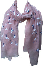 Load image into Gallery viewer, Pamper Yourself Now Peachy Pink with White Standing up Flamingo Long Scarf/wrap with Frayed Edge